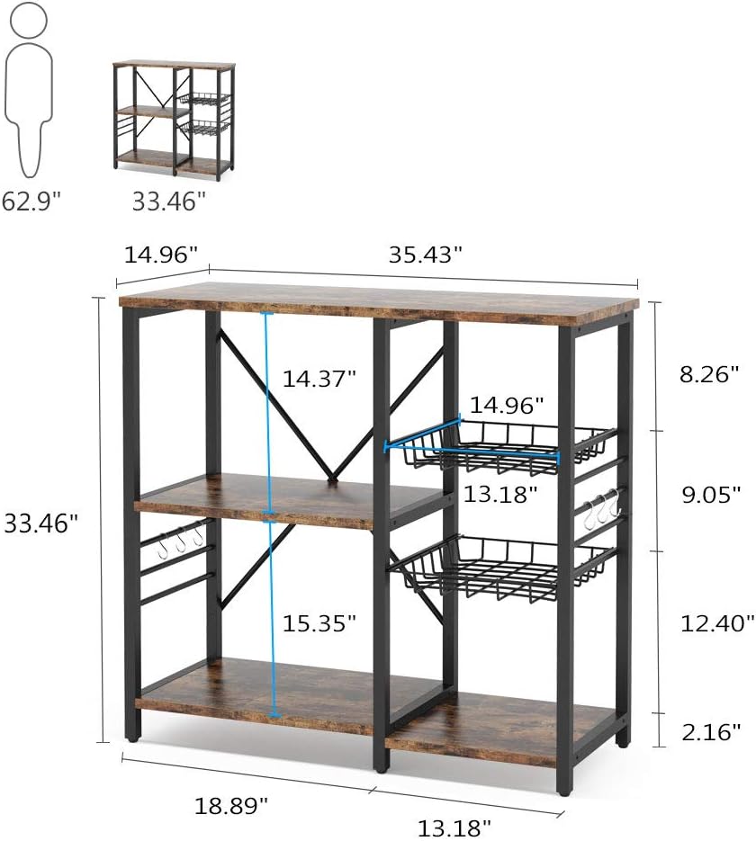 Kitchen Cart Microwave Oven Stand Utility Storage Shelf with Wire Basket and 6 Hooks T879508