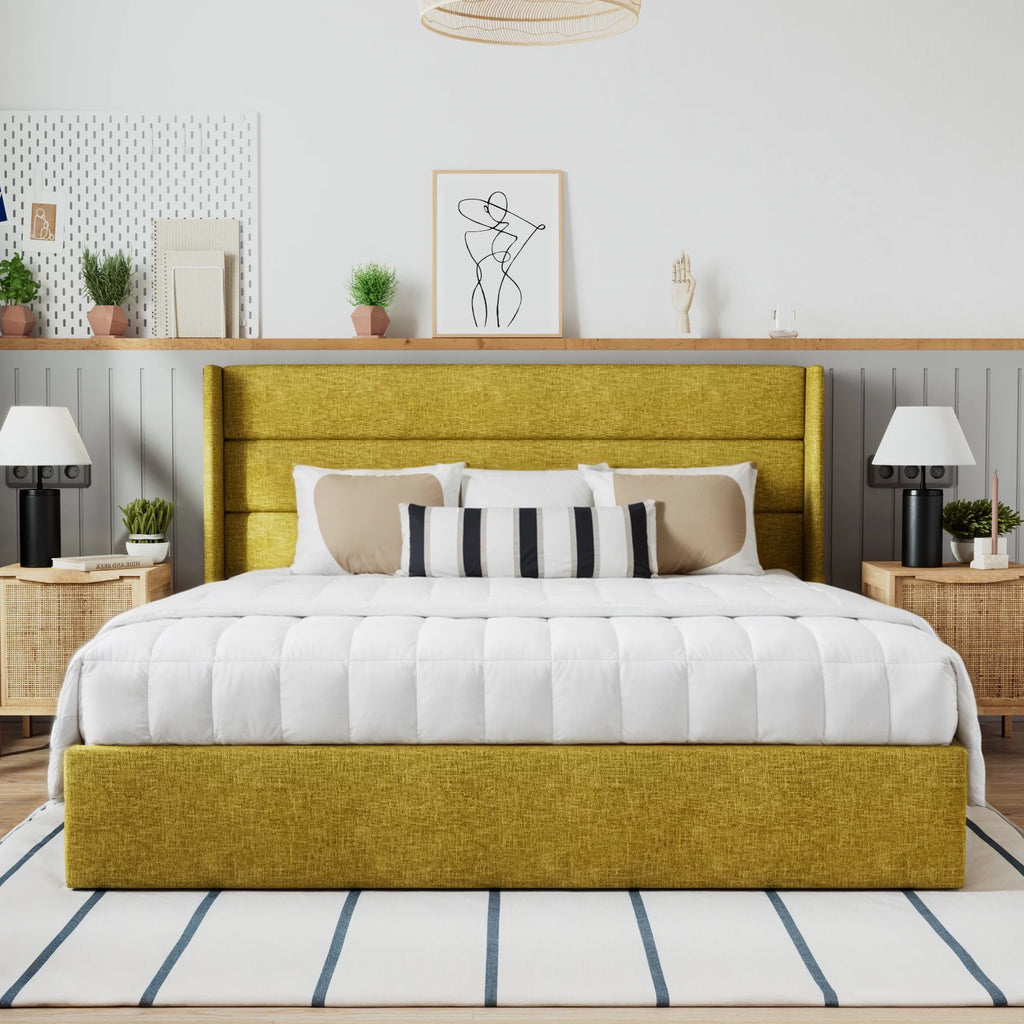 Beige Queen Size Lift Up Platform Bed Frame with Headboard W307