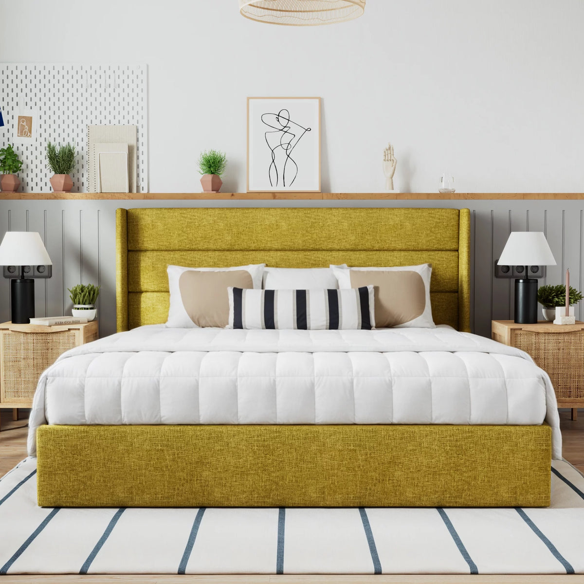 Beige Queen Size Lift Up Platform Bed Frame with Headboard W307