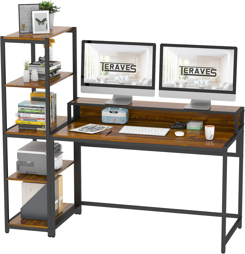 White Gold Frame 47 Inch Computer Desk with 5 Tier Shelves U577022