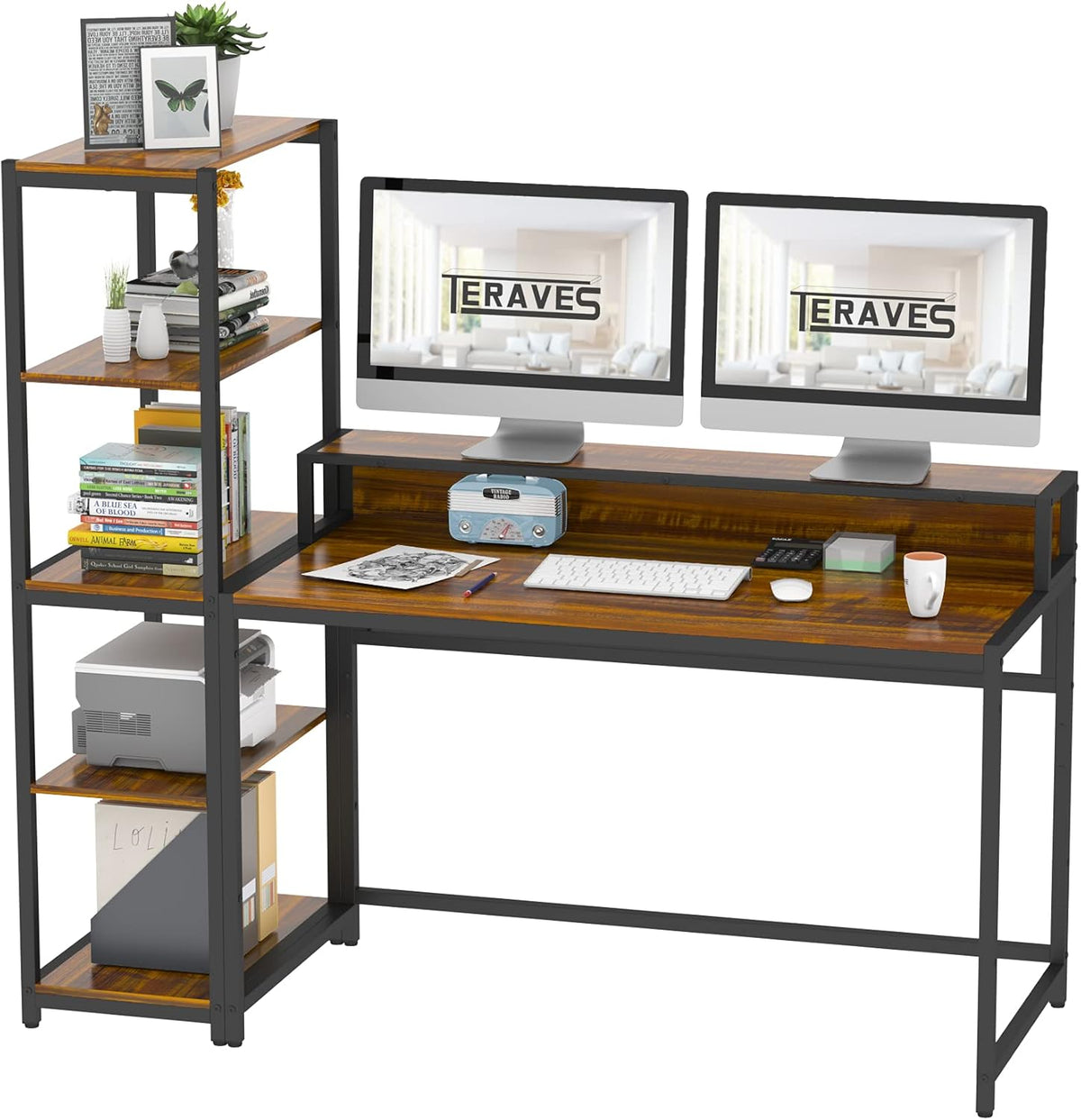 White Gold Frame 47 Inch Computer Desk with 5 Tier Shelves U577022