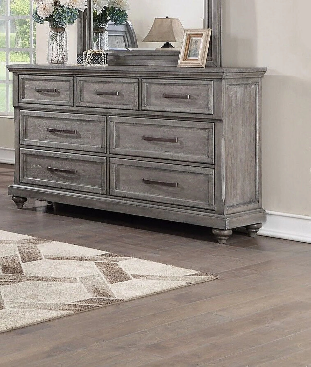 Grey 4pc King Size Bedroom Furniture Set with Dresser Mirror Nightstand D97999