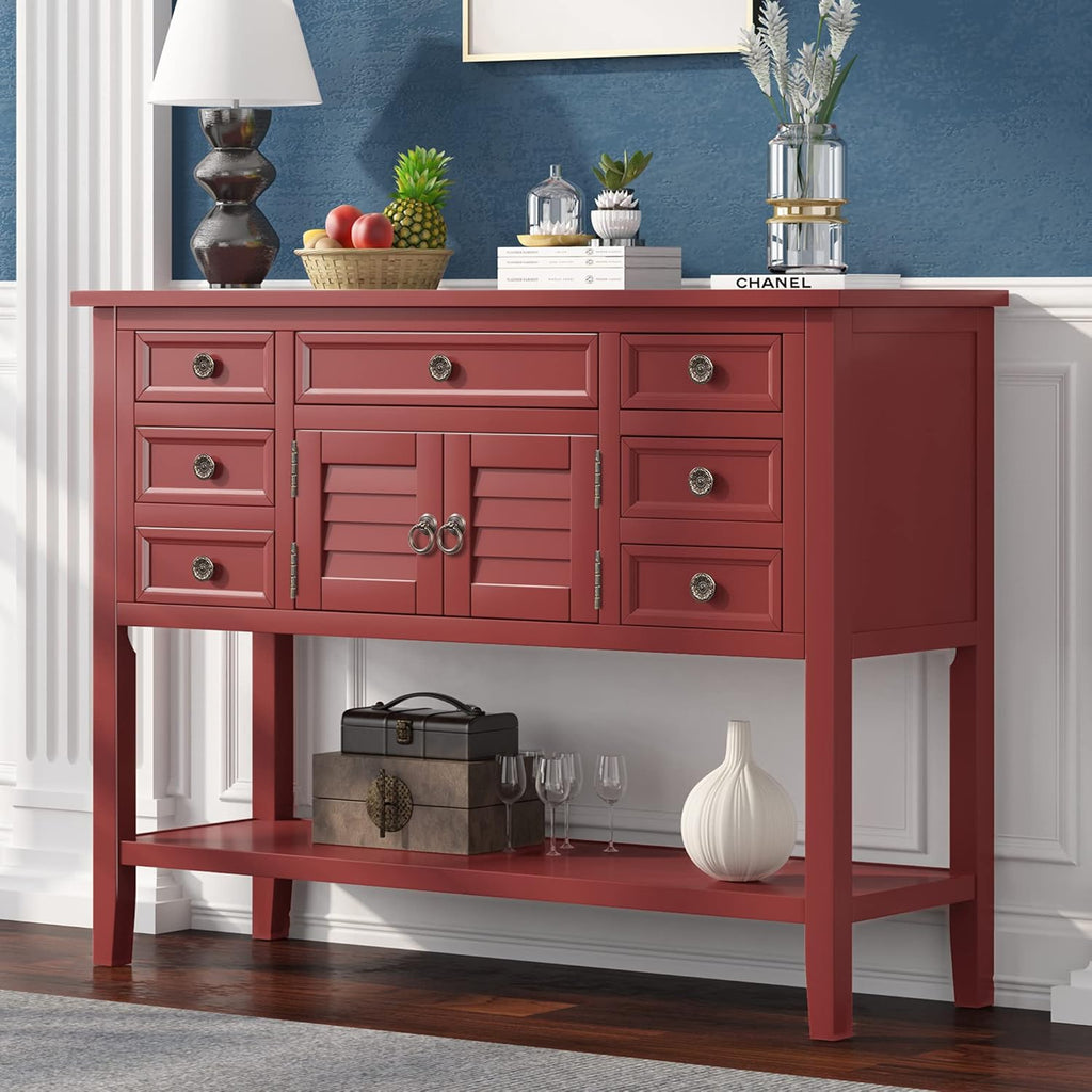 Red Wood Console Table with 7 Drawers and 1 Cabinet N35533