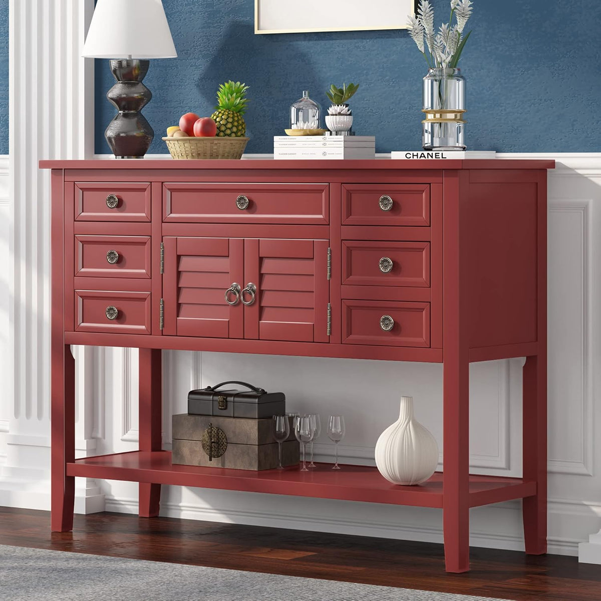 Red Wood Console Table with 7 Drawers and 1 Cabinet N35533