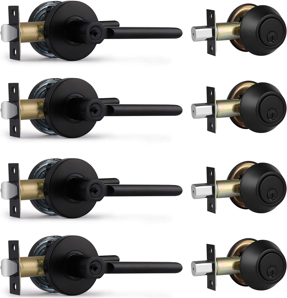 4 Pack Entry Door Lever and Single Cylinder Deadbolt Combination Set, Keyed Alike, Matte Black E5606