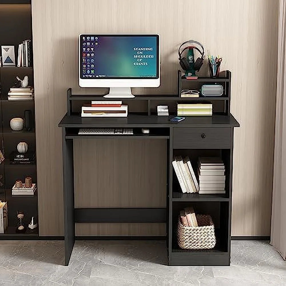 White Wood Computer Desk with Drawers and Keyboard Tray T159992
