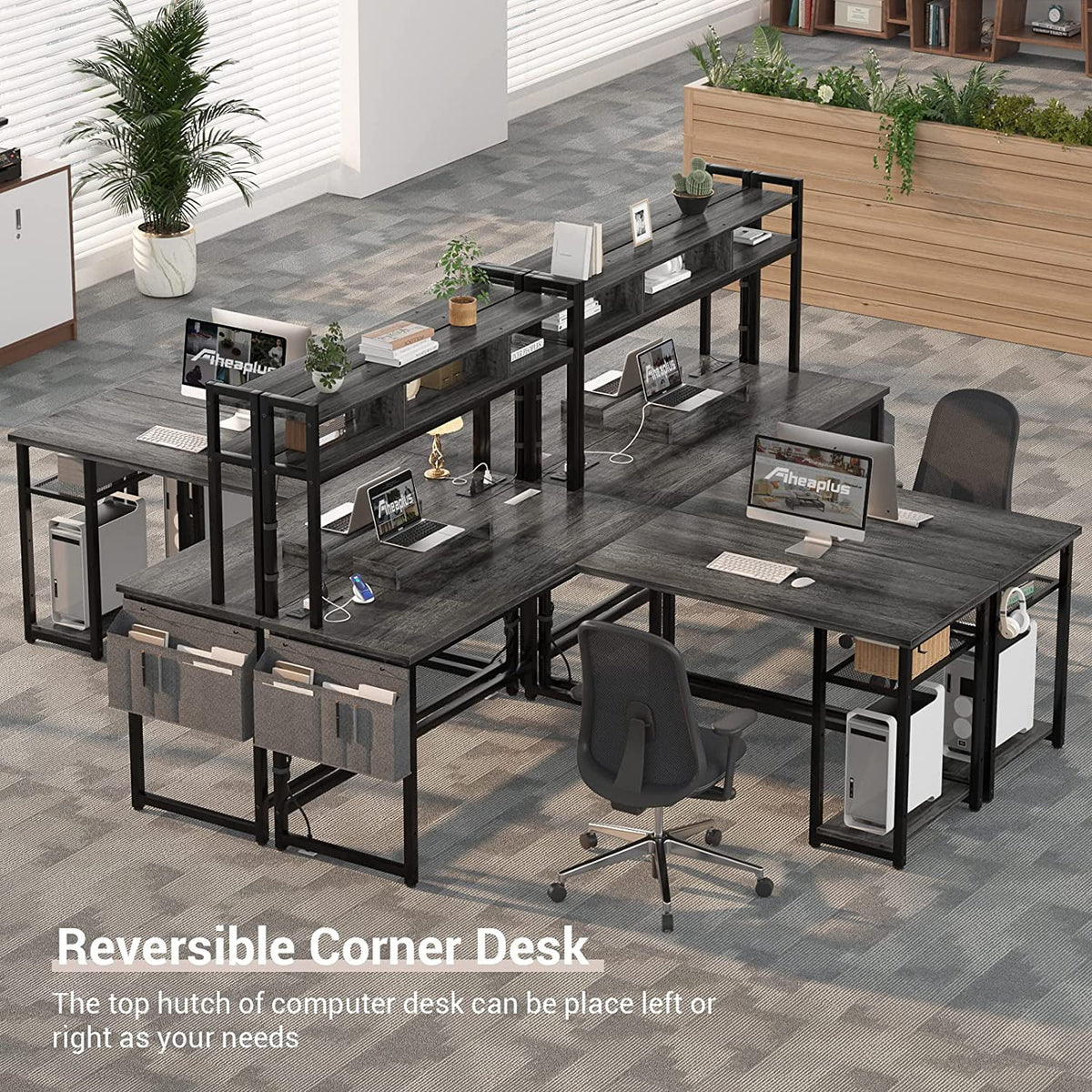 Grey Oak L Shaped Desk with Power Outlet & LED Strip H8608