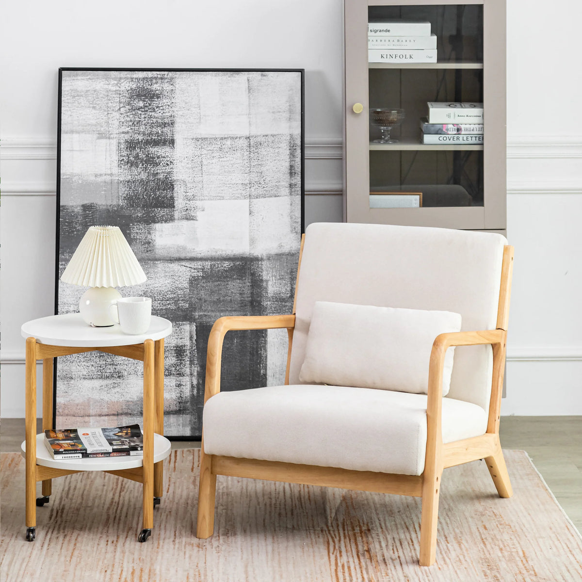 Beige Linen Upholstered Accent Armchair with Solid Wood Frame and Pillow H518