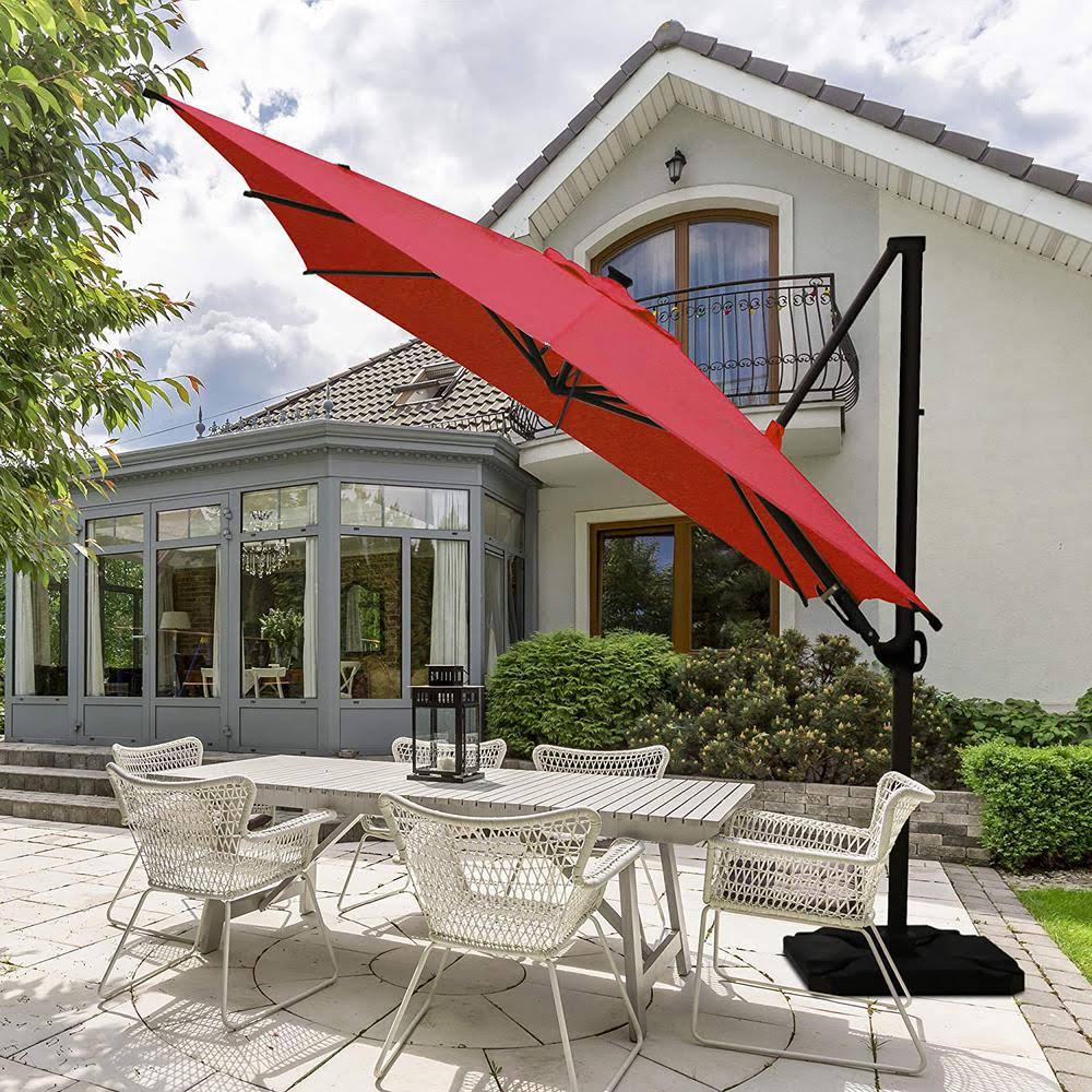 10 ft. x 10 ft. 360-Degree Rotating Aluminum Cantilever Patio Umbrella with Base Weight in Dark Red E5741