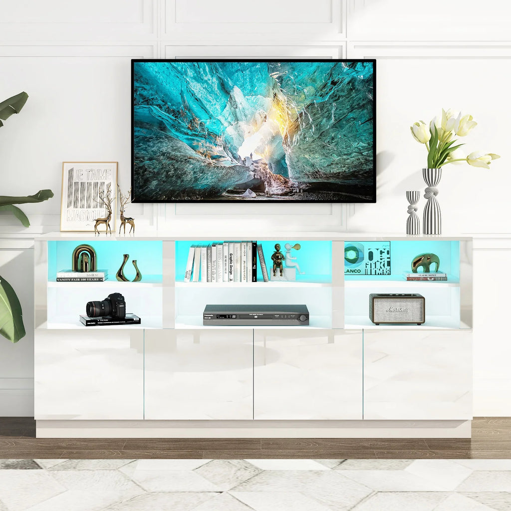 White 70" LED TV Stand with 6 Shelves and Storage Cabinets X23761