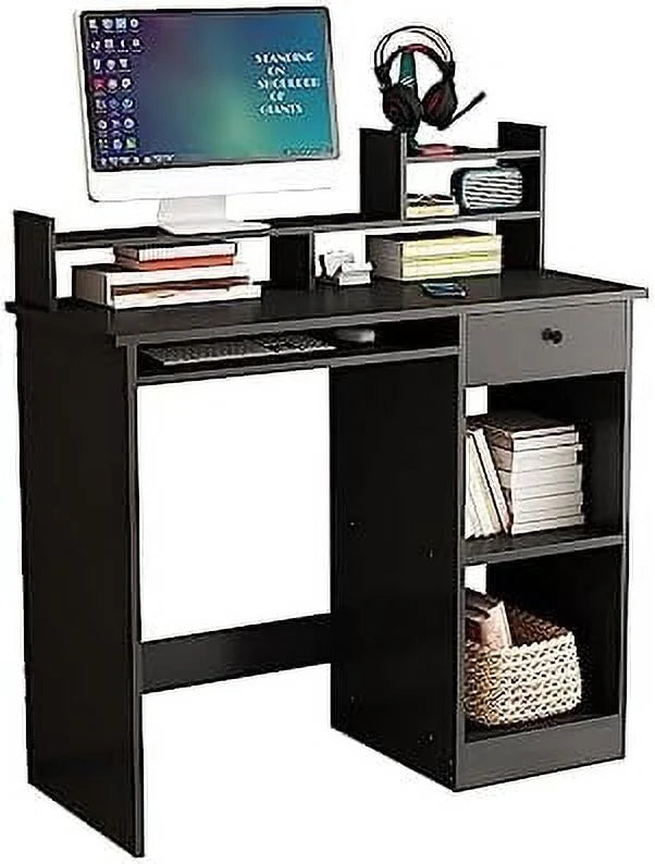 White Wood Computer Desk with Drawers and Keyboard Tray T159992