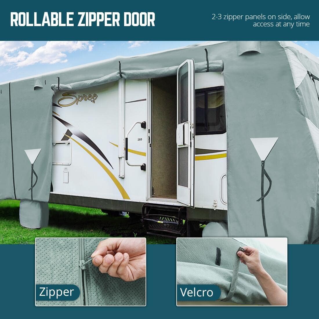 RV Cover, Extra-Thick 5 Layers Anti-UV Top Panel, Fits 30'-33' Motorhome, with 2Pcs Extra Straps & 4 Tire Covers W4916