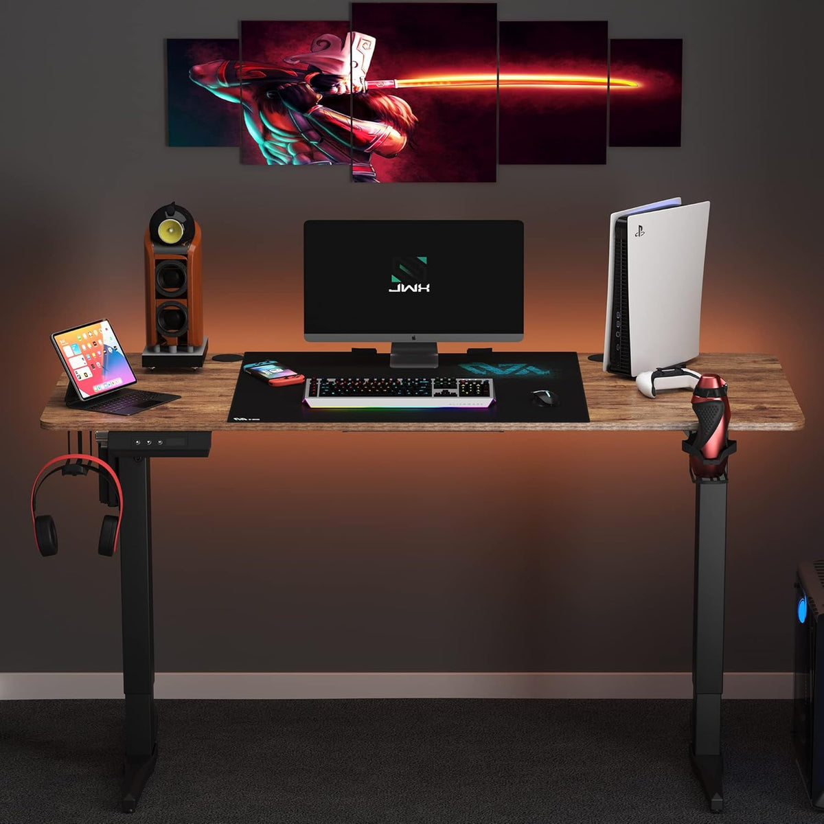55 inch Adjustable Height Electric Standing Desk with Cup Holder, Headphone Hook, Cable Manager, Mouse pad, Walnut Wood V25906