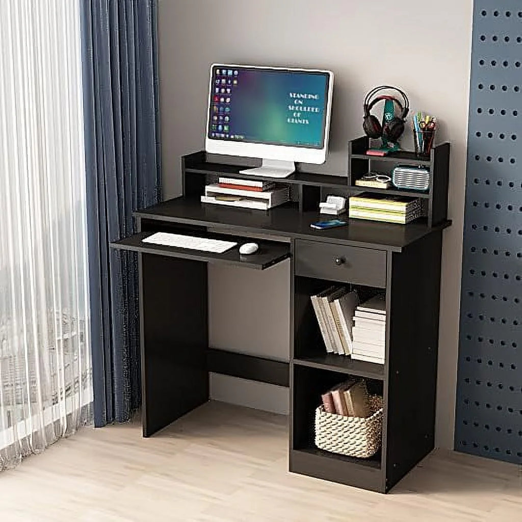 White Wood Computer Desk with Drawers and Keyboard Tray T159992