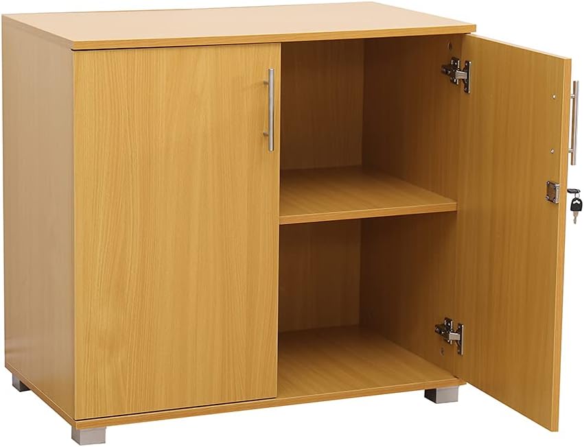 Beech Storage Cabinet 2 Door Locking Cupboard Bookcase Desktop Height 28.9 Tall E980