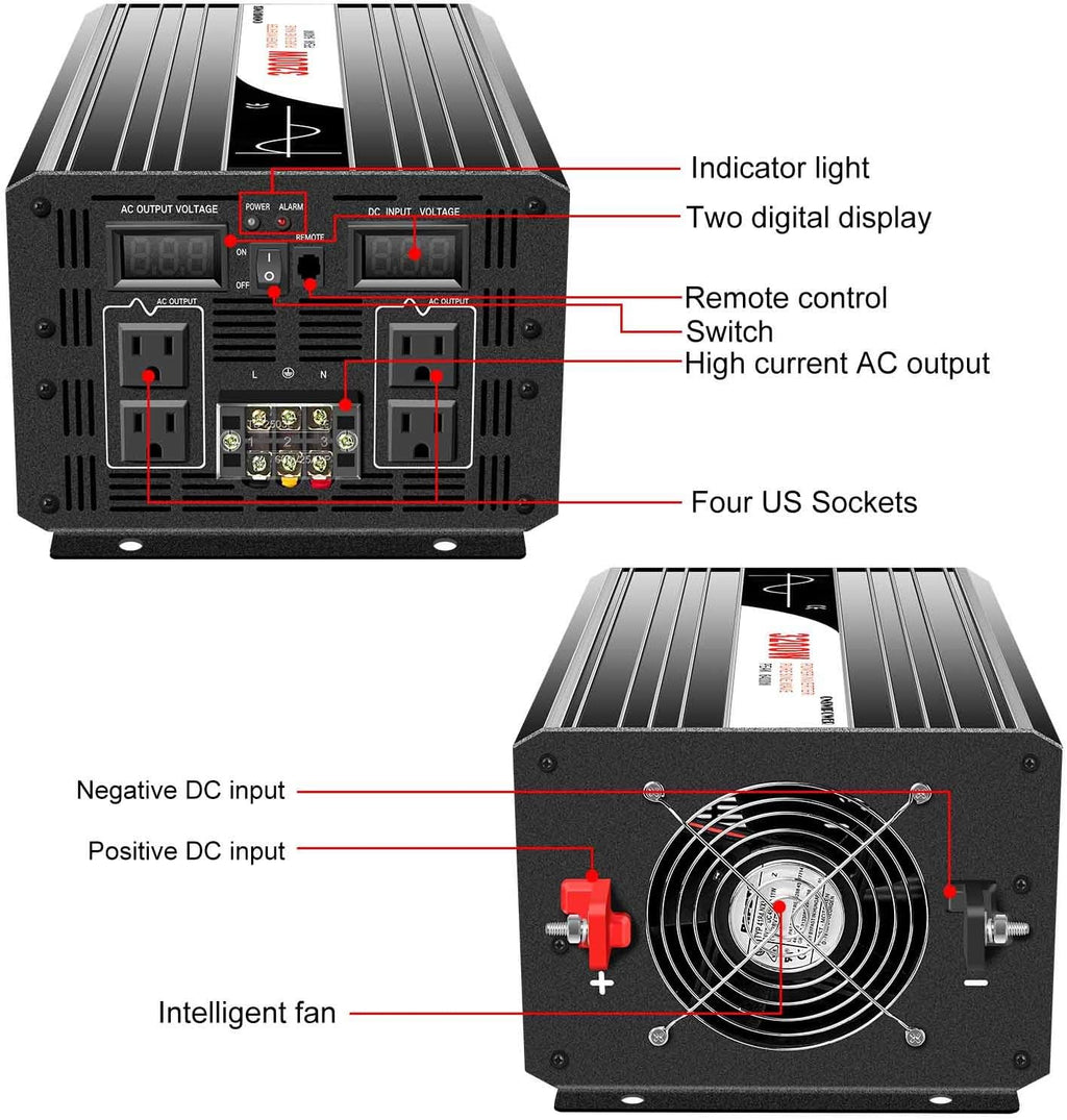 3000W 3200W Peak Power 6400W Pure Sine Wave Power Inverter DC 12V to 110V AC Converter 60HZ Solar Converter W204121