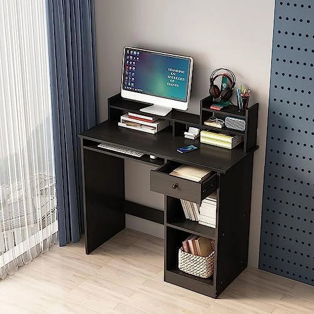 White Wood Computer Desk with Drawers and Keyboard Tray T159992