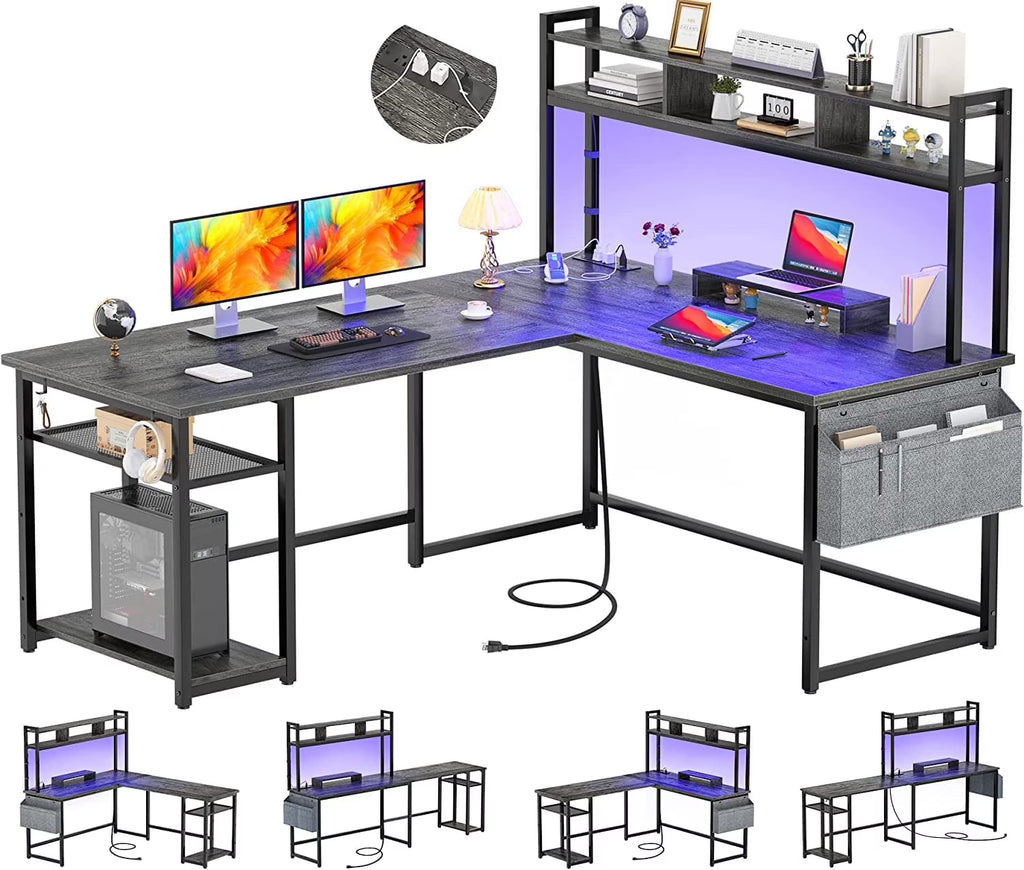Grey Oak L Shaped Desk with Power Outlet & LED Strip Y88554