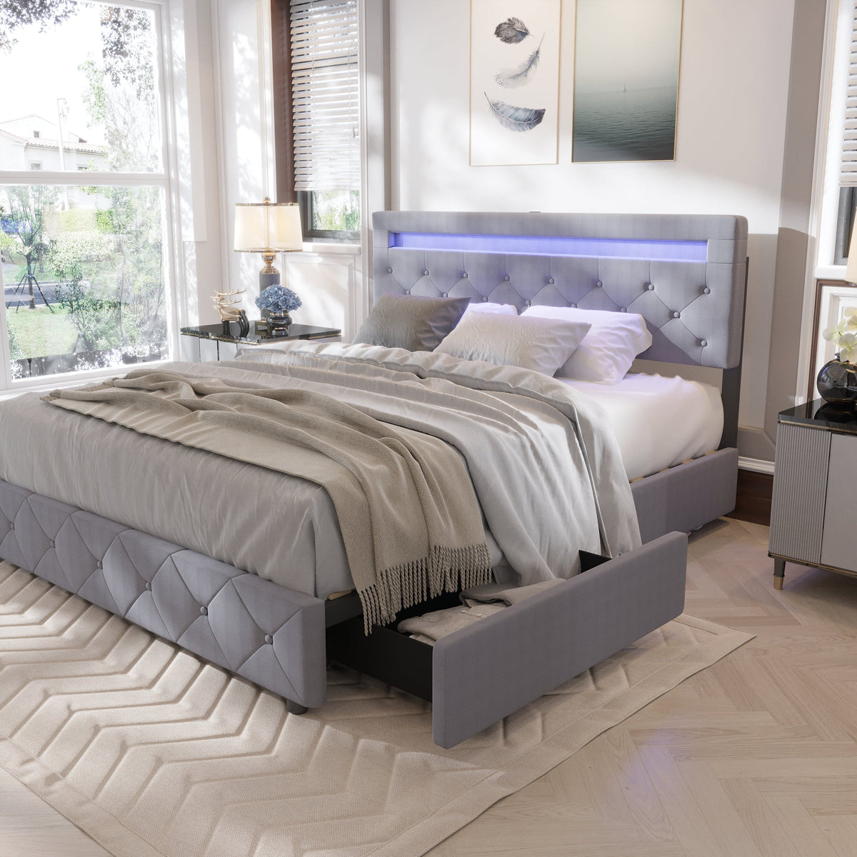 Full Size Upholstered Platform Bed Frame with LED Light Headboard L73725