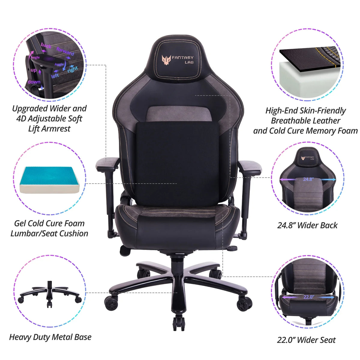 Big and Tall Black Gaming Chair with Gel Foam Lumbar 4D Arms Metal Base H757133