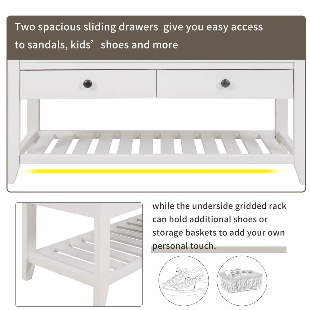 White Cushioned Seat Entryway Bench with 2 Drawers U7577