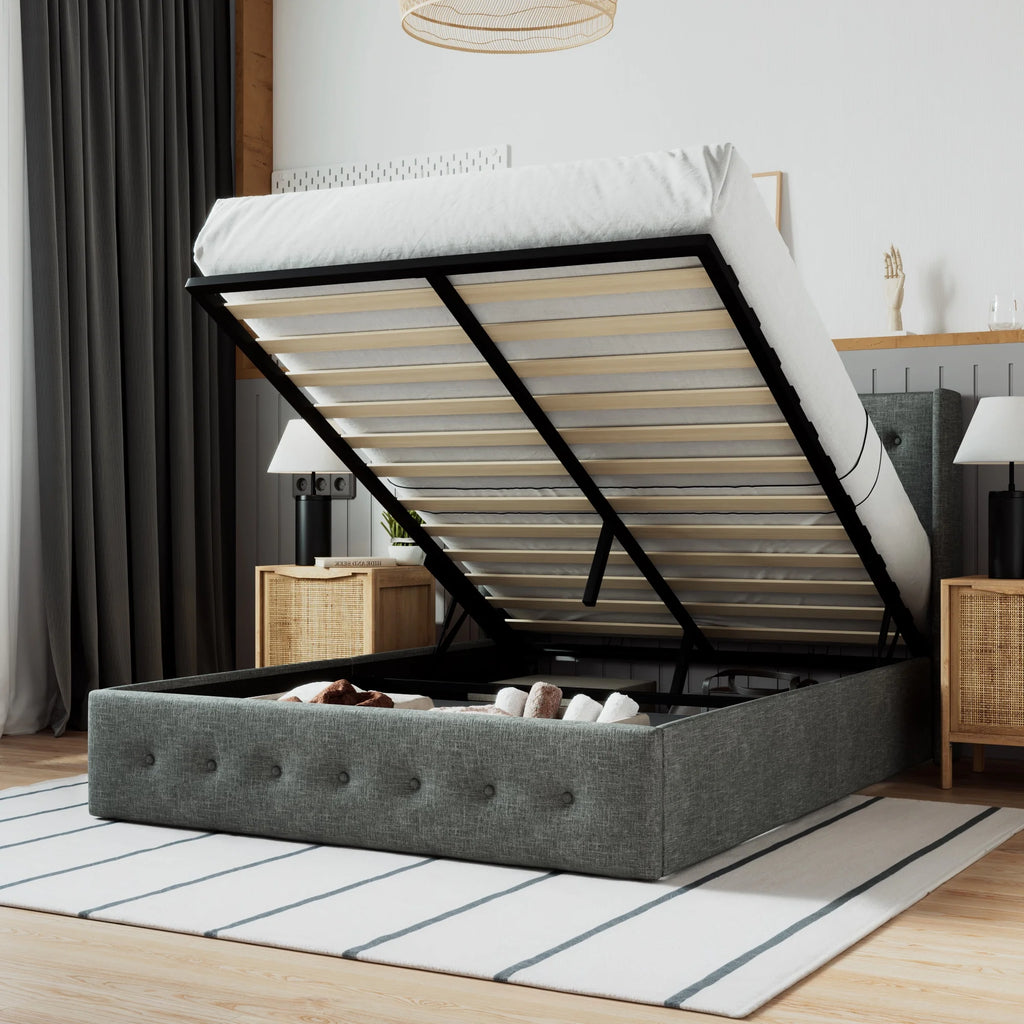 Beige Queen Size Lift Up Platform Bed Frame with Headboard W307