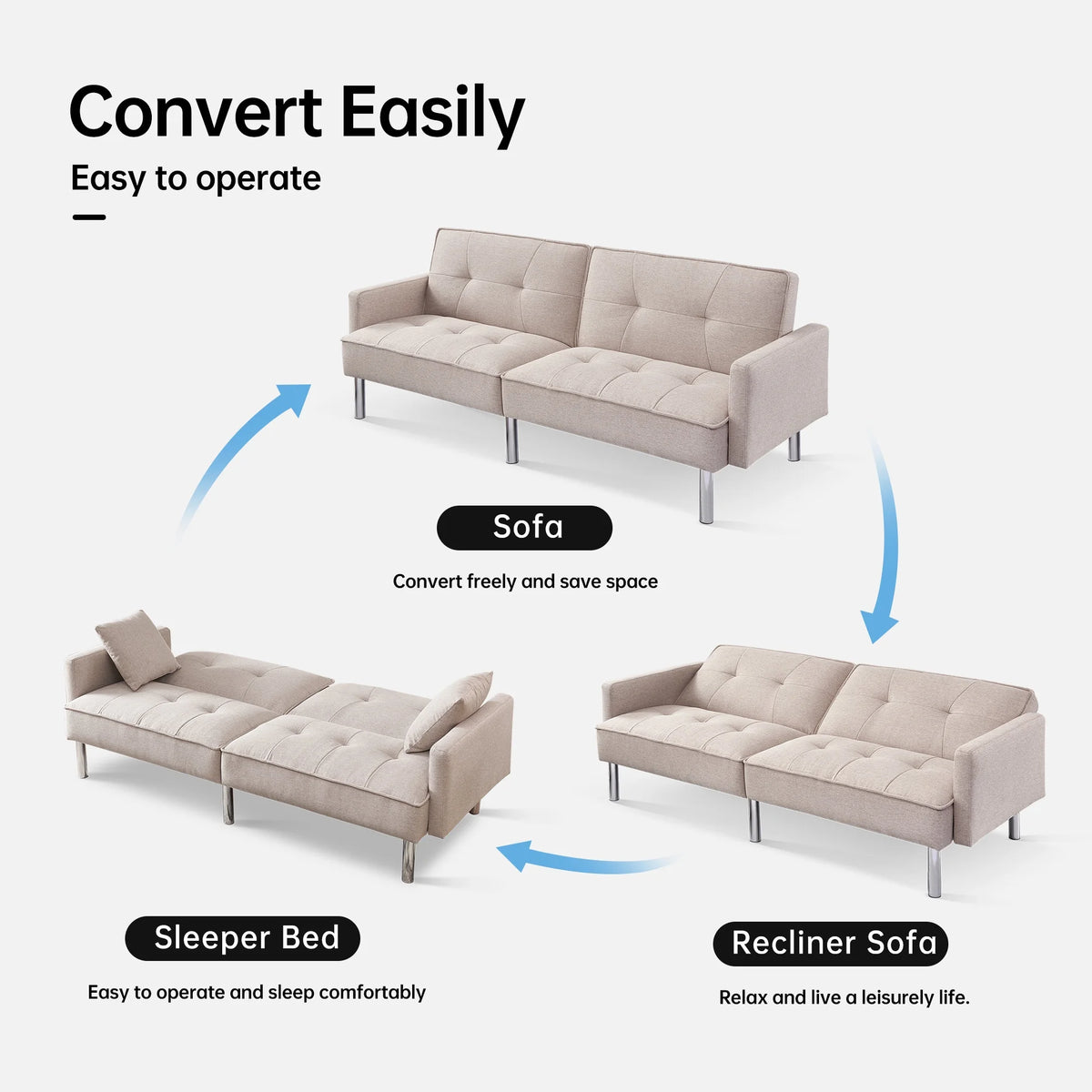 Beige Velvet Tufted Convertible Sofa Sleeper U427