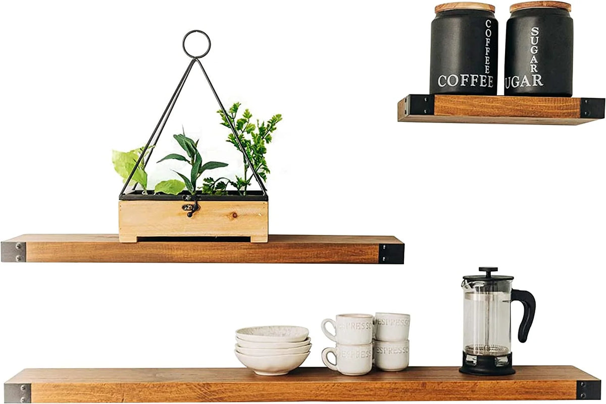Wall Mounted Wooden Floating Shelves, Light Walnut 12", 24" & 36" Set M265