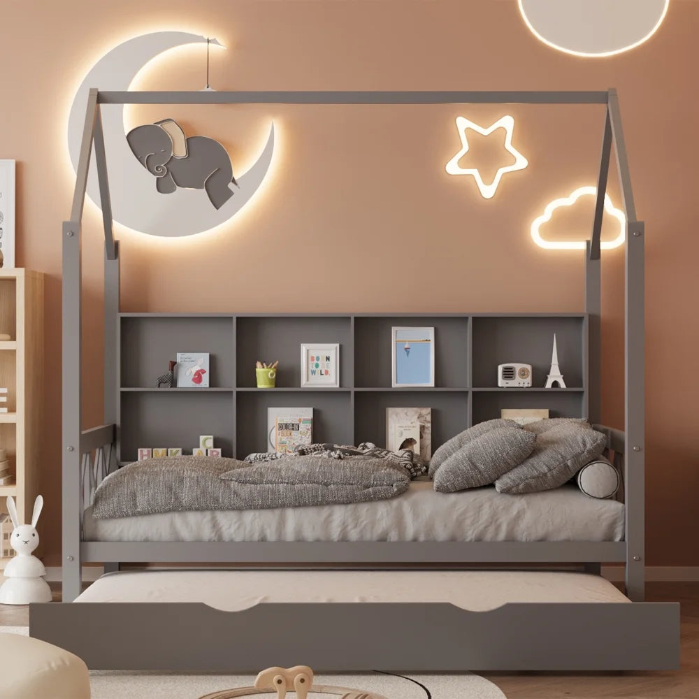 Twin House Bed with Trundle and Storage Shelve V199