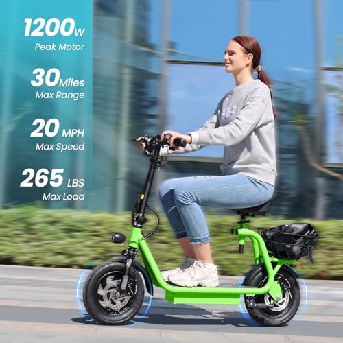 Electric Scooter with Seat, 1200W Motor, 30 Miles Range, Foldable with Basket N1703