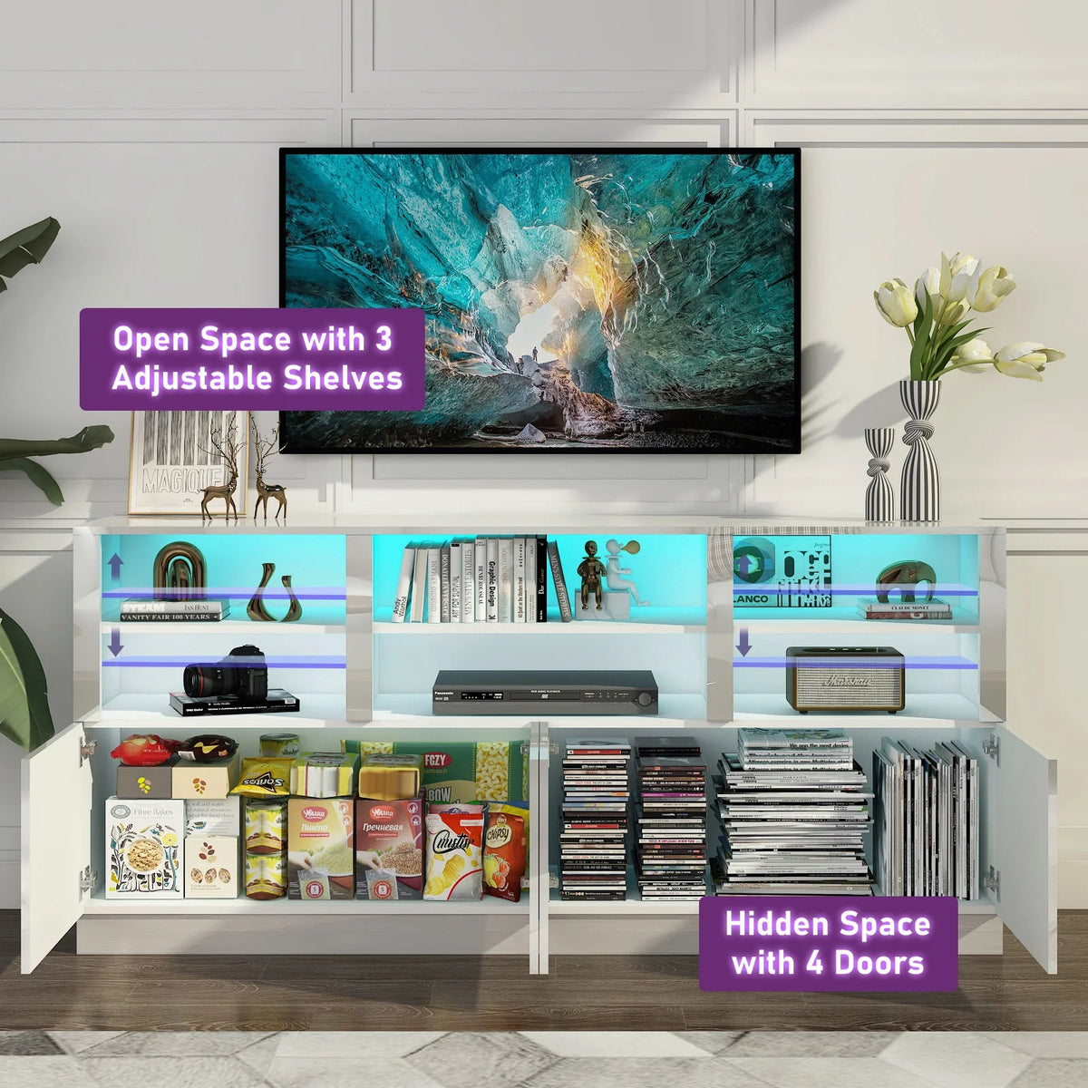 White 70" LED TV Stand with 6 Shelves and Storage Cabinets X23761