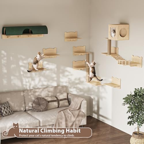 16 Pcs Wooden Cat Wall Shelves with Bed and Scratching Post W2223
