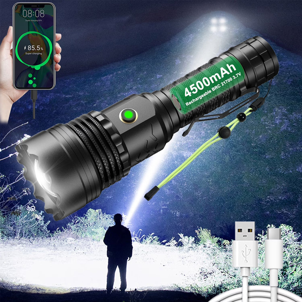 Rechargeable LED Flashlight 12000 Lumens Zoomable Handheld Spotlight with Lanyard and Hooks Y1174