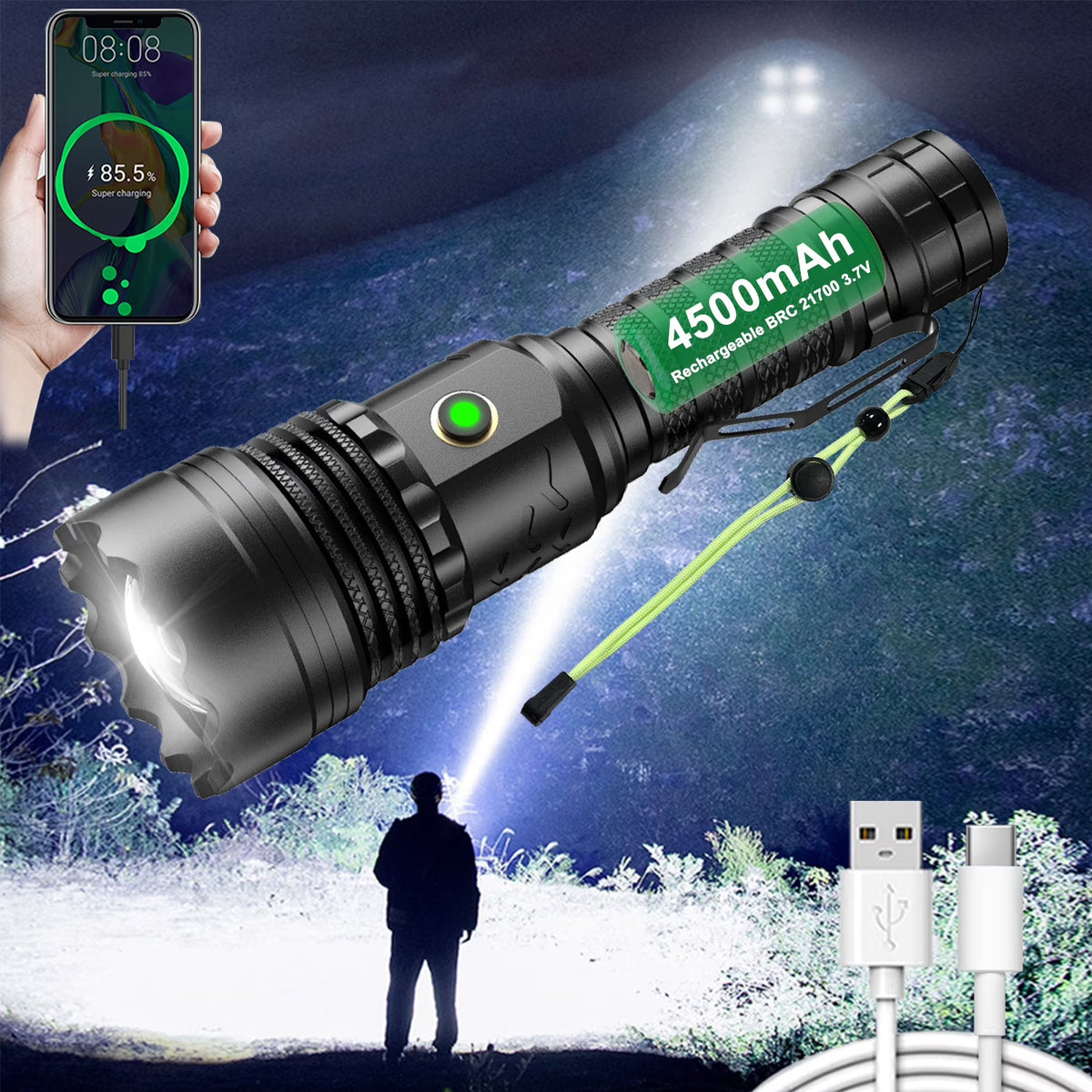 Rechargeable LED Flashlight 12000 Lumens Zoomable Handheld Spotlight with Lanyard and Hooks M230715