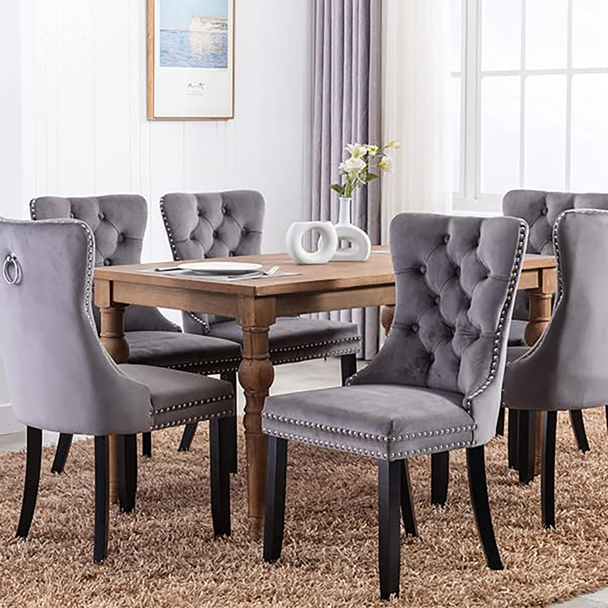 Set of 2 Velvet Upholstered Tufted Dining Chairs with Ring Back and Nailhead Trim Gray O747