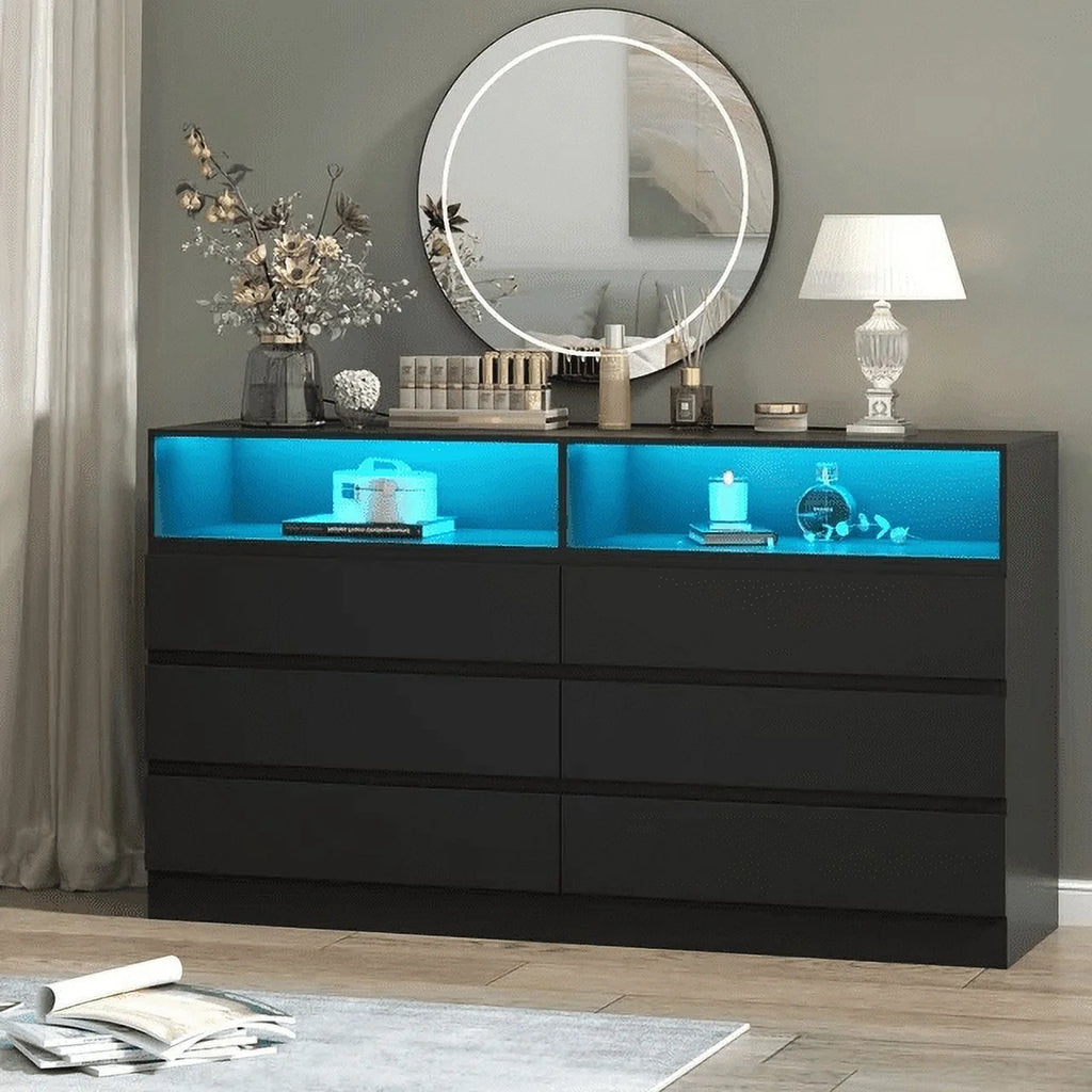 White 6 Drawer Double Dresser with Power Outlet and LED Light F244