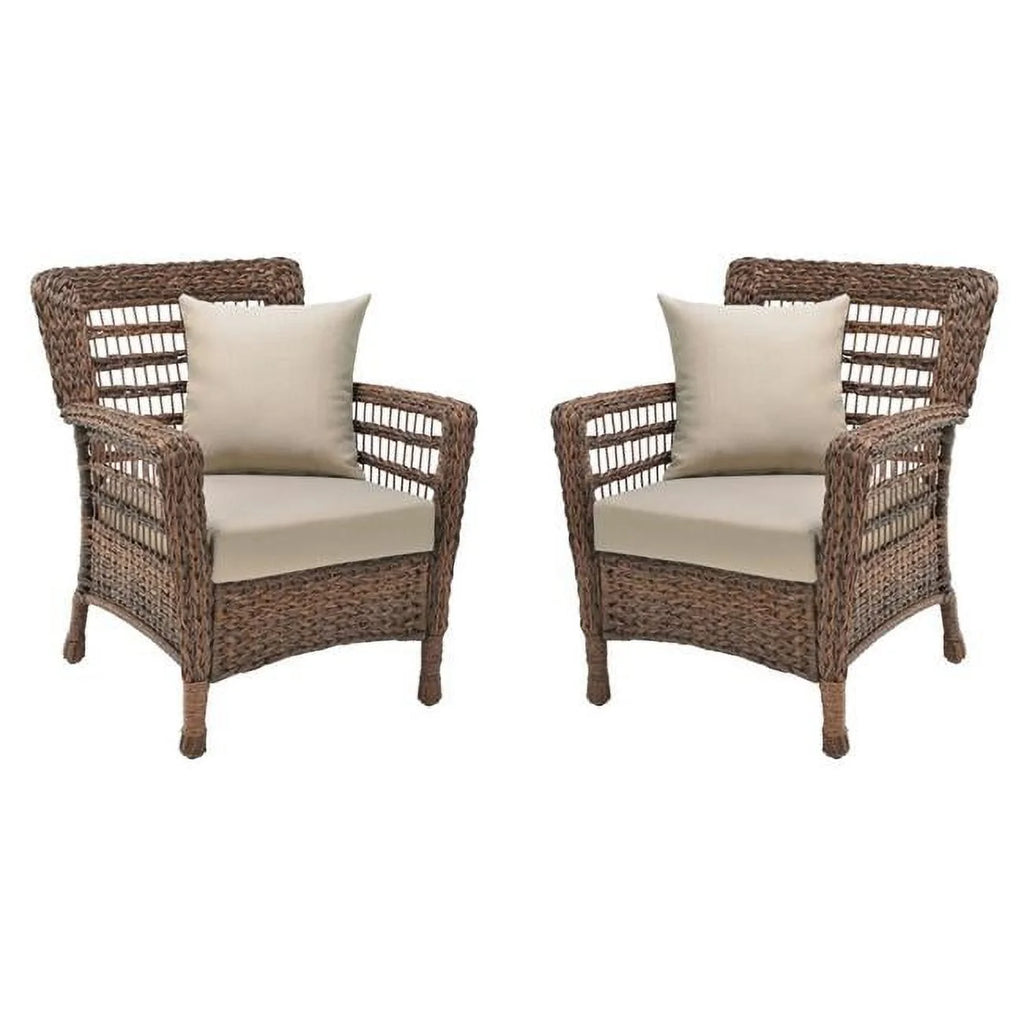 Faux Sea Grass Resin Rattan Patio Armchairs Set, Dark Brown - Set of 2 H53116