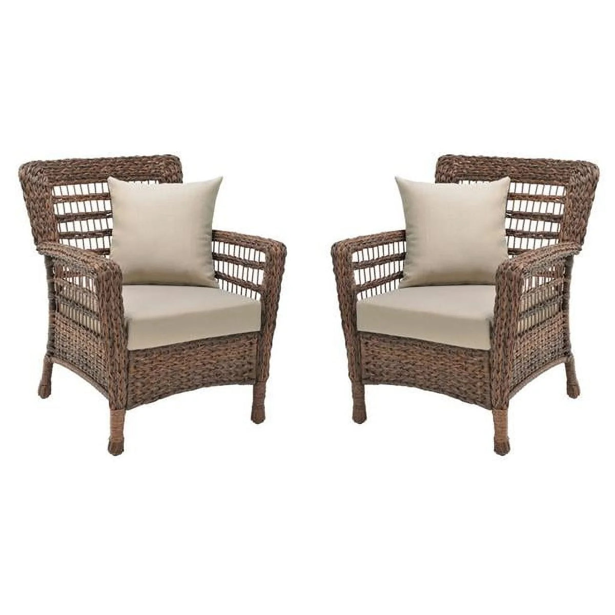 Faux Sea Grass Resin Rattan Patio Armchairs Set, Dark Brown - Set of 2 H53116