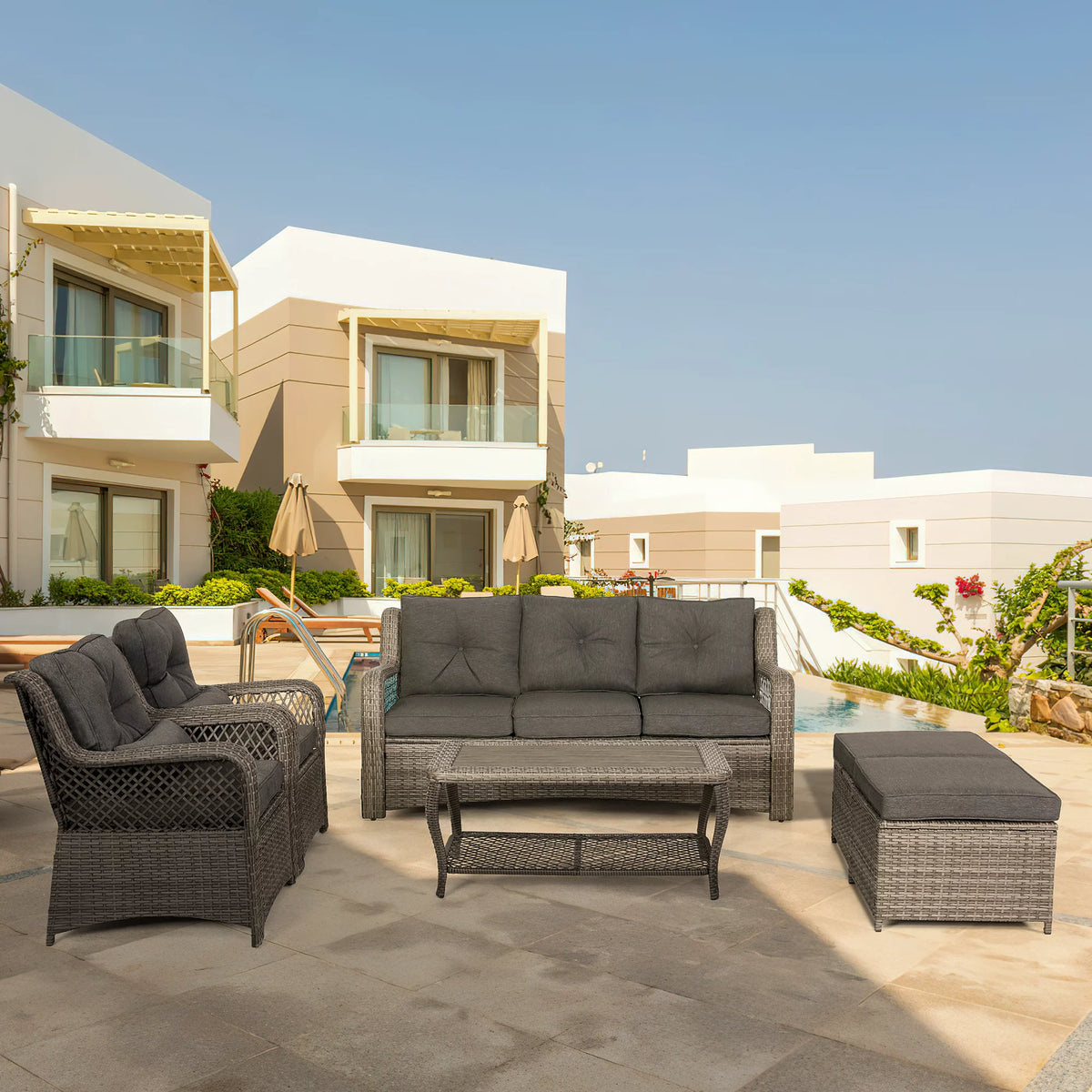 6 Piece Grey Rattan Patio Furniture Set with Ottoman N109