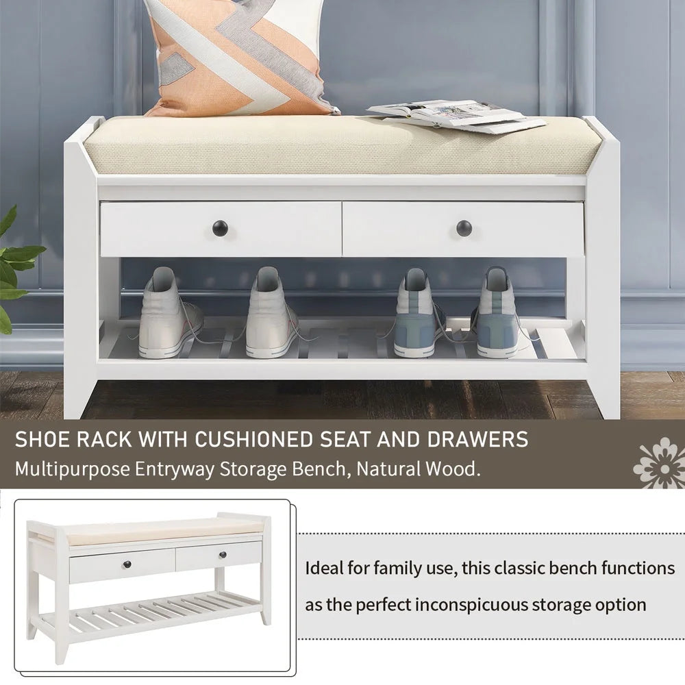White Cushioned Seat Entryway Bench with 2 Drawers U7577