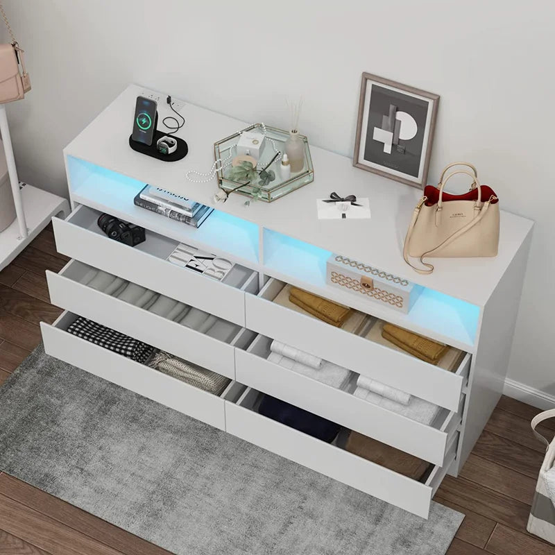 White 6 Drawer Double Dresser with Power Outlet and LED Light F244
