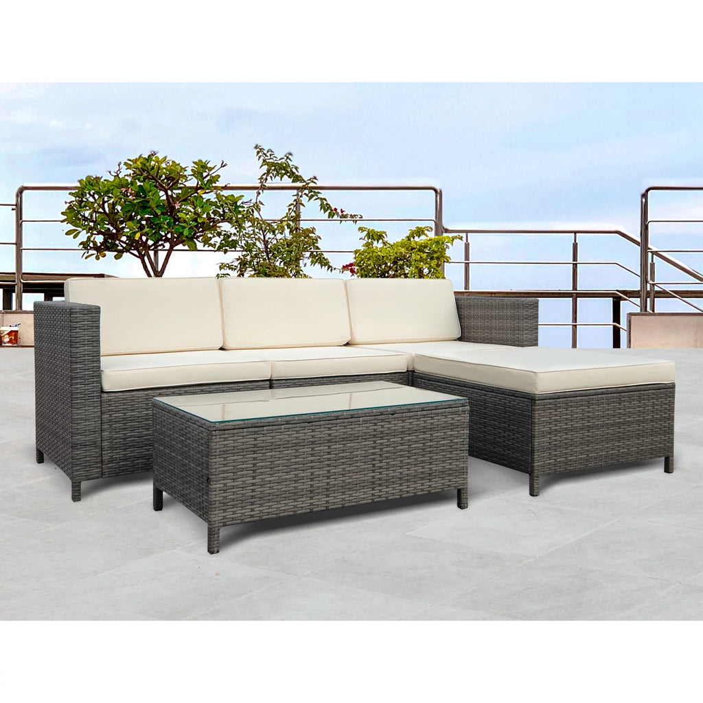 5 Piece Grey PE Rattan Wicker Patio Sofa Set with Glass Coffee Table D18488