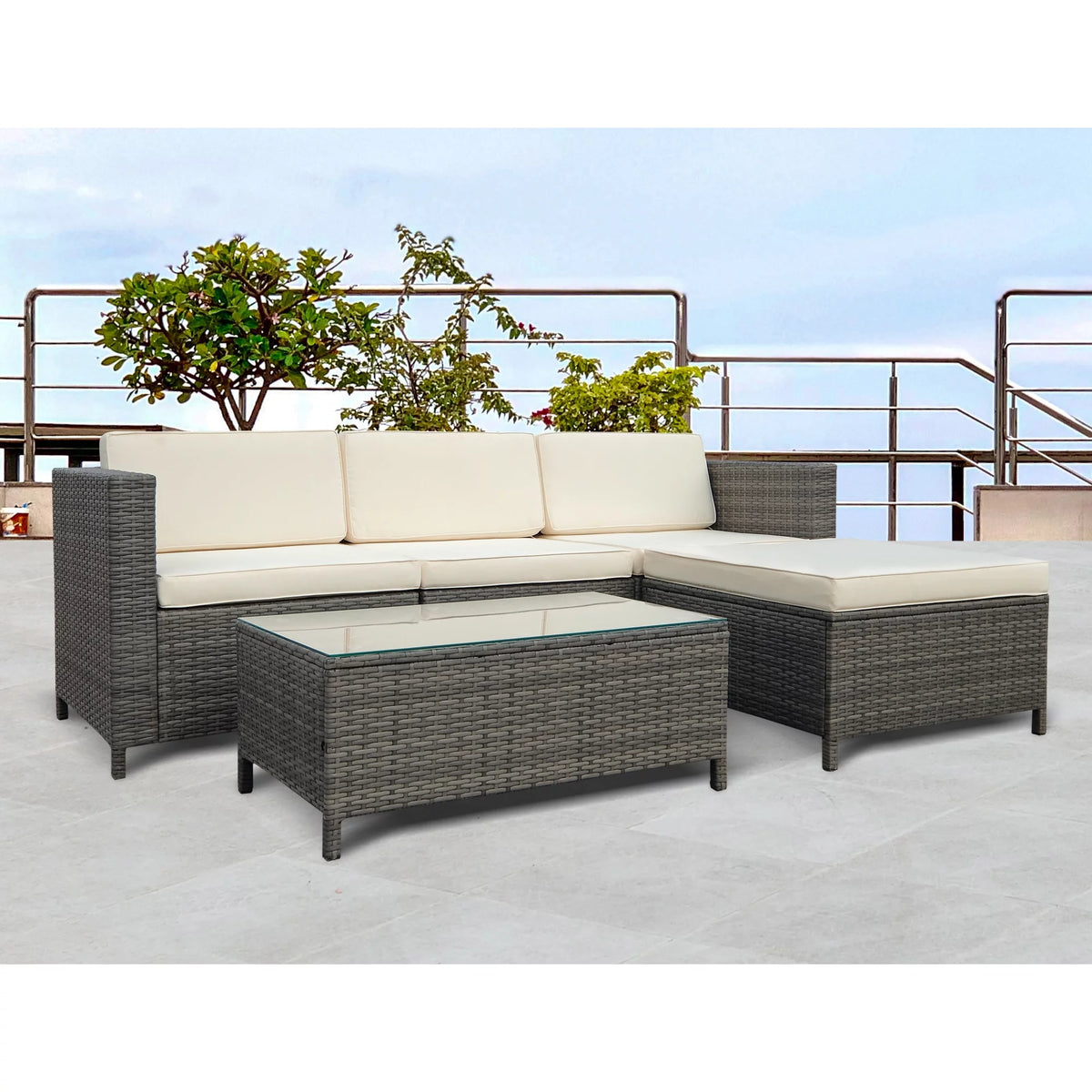 5 Piece Grey PE Rattan Wicker Patio Sofa Set with Glass Coffee Table D18488