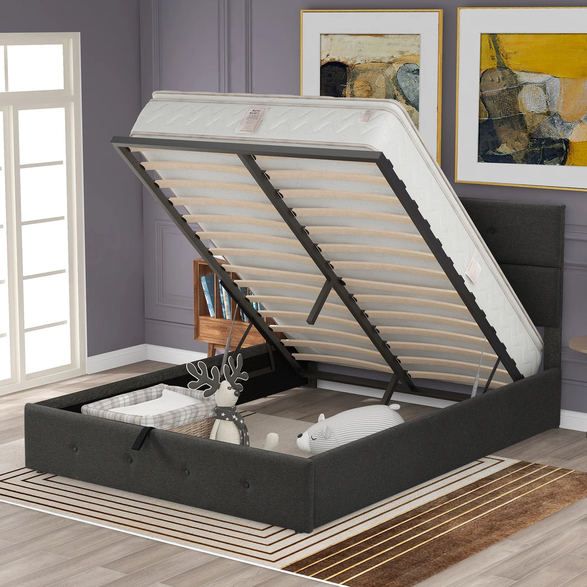 Gray Queen Size Upholstered Lift Up Platform Bed with Headboard and Underneath Storage A9256