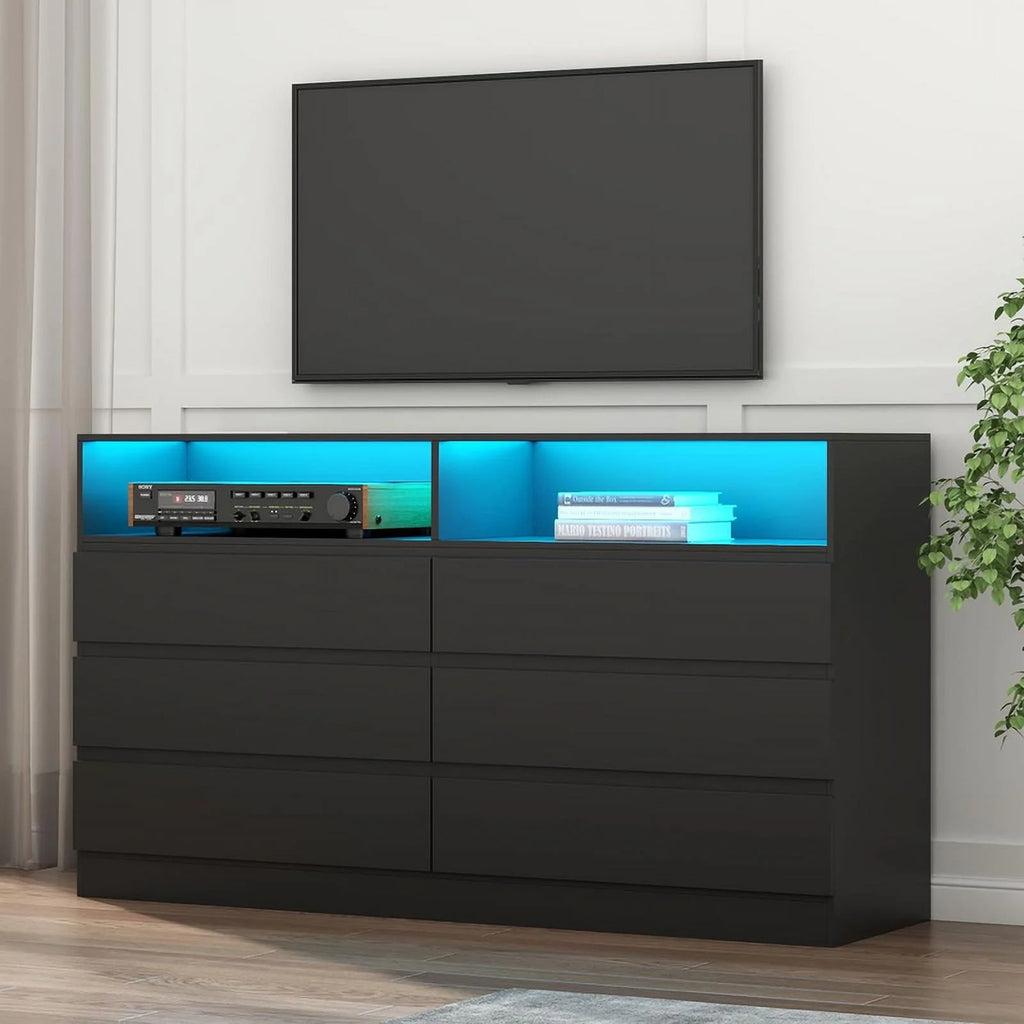 White 6 Drawer Double Dresser with Power Outlet and LED Light F244