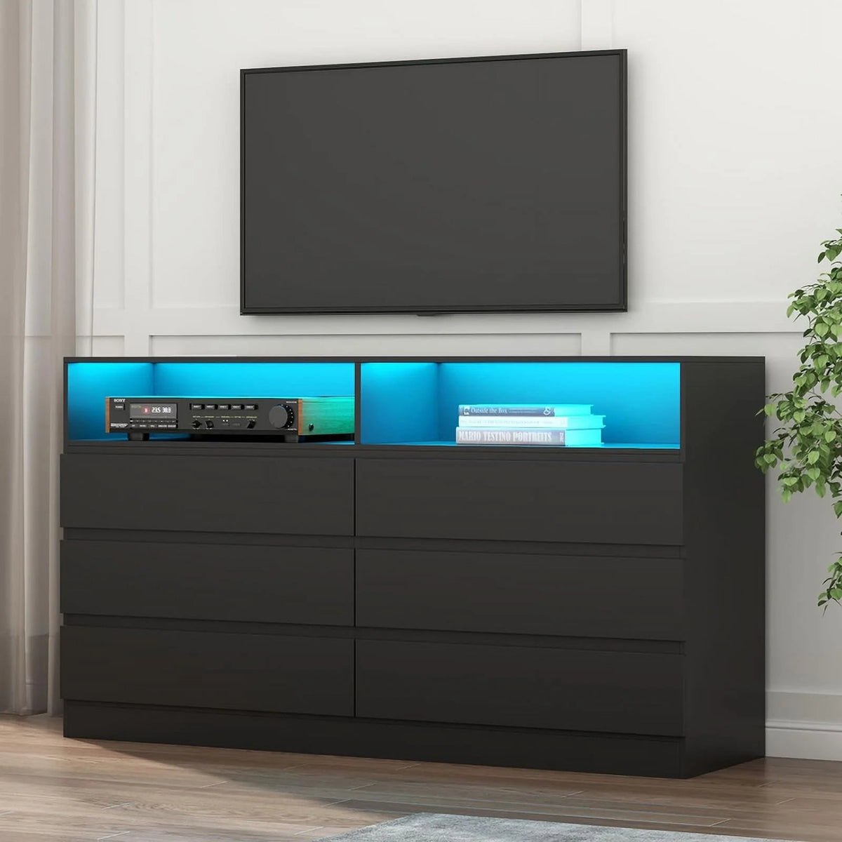 White 6 Drawer Double Dresser with Power Outlet and LED Light F687