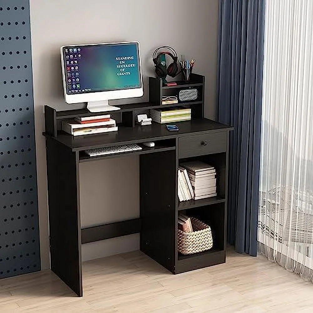 White Wood Computer Desk with Drawers and Keyboard Tray T159992