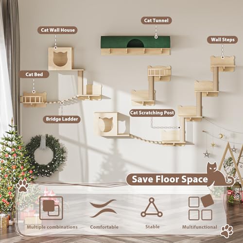 16 Pcs Wooden Cat Wall Shelves with Bed and Scratching Post W2223