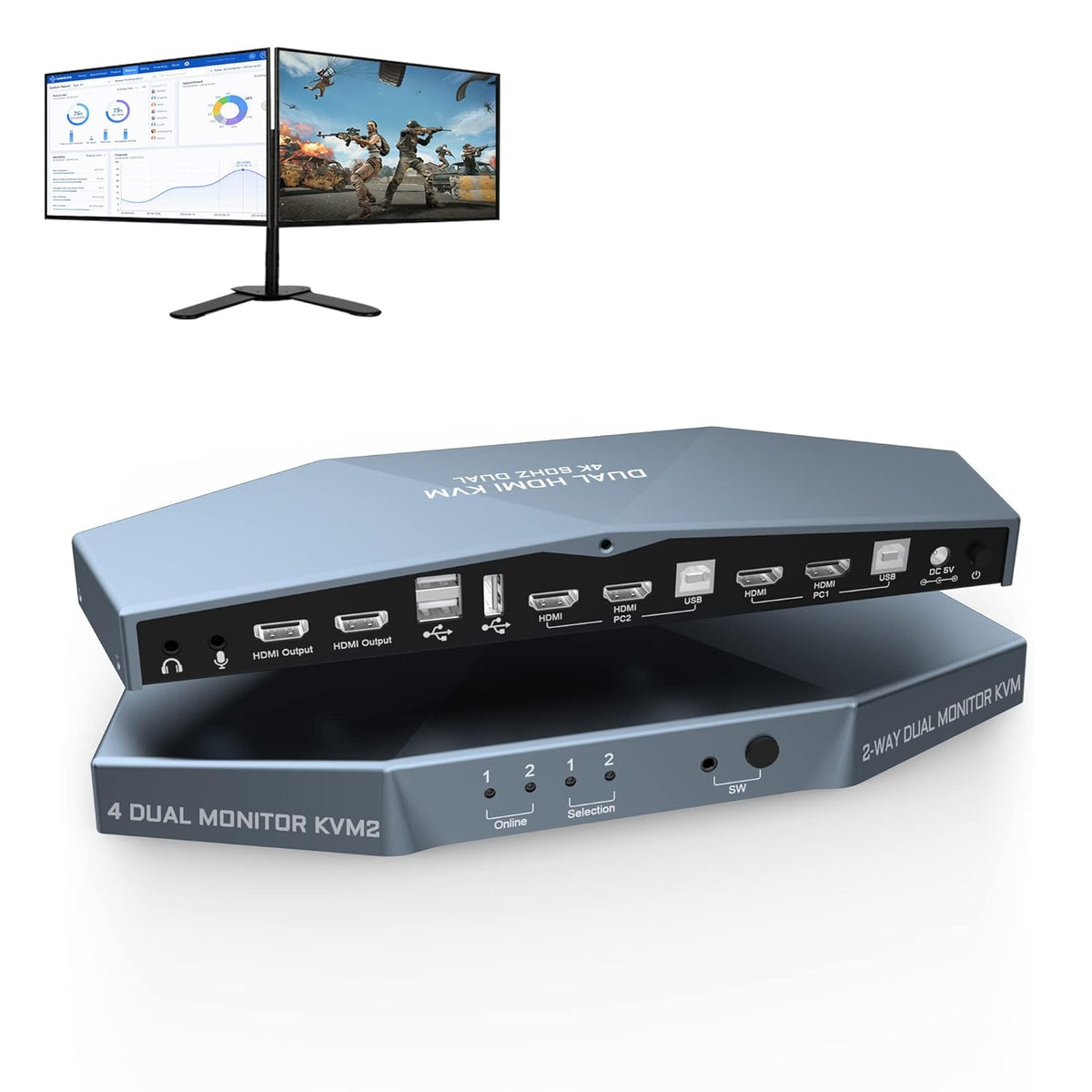 2 PCs Dual Monitor KVM Switch 4K@60Hz HDMI M1376