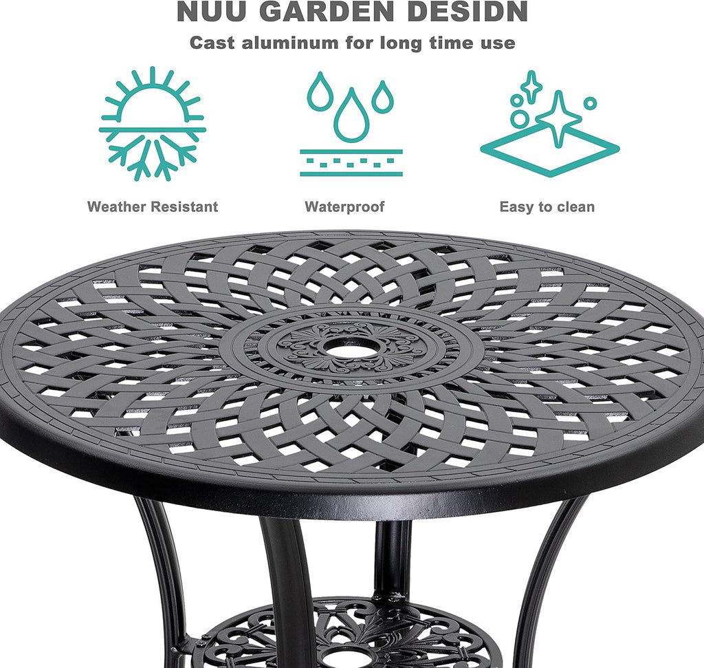 Black 42 Inch Round Cast Aluminum Patio Dining Table with Umbrella Hole G60086